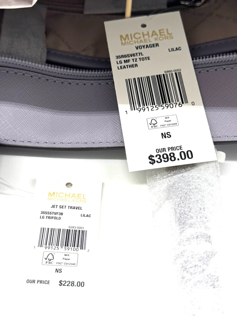 Michael Kors Voyager Large Leather Tote Bag w Matching Trifold Wallet - Lilac